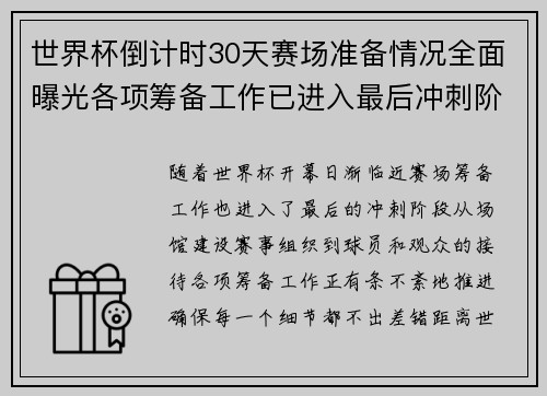 世界杯倒计时30天赛场准备情况全面曝光各项筹备工作已进入最后冲刺阶段