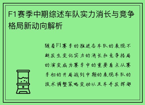 F1赛季中期综述车队实力消长与竞争格局新动向解析